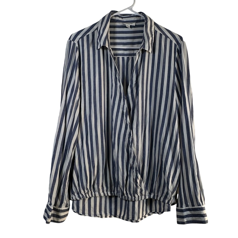 Beachlunchlounge Blue White Striped Surplice Wrap Blouse Long Sleeve Large